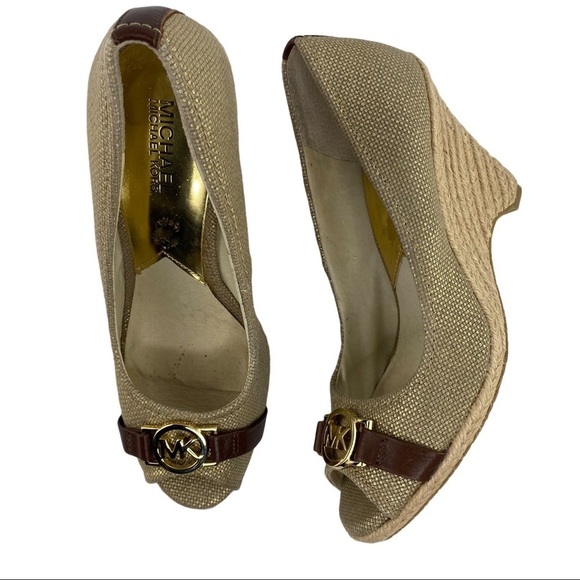 MK signature gold canvas espadrilles wood wedge heels, 9M - Picture 1 of 9